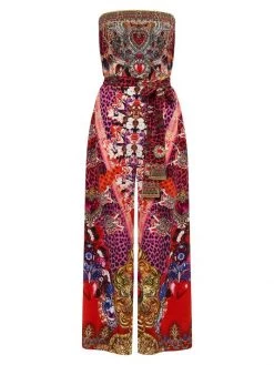 CAMILLA Printed Silk Tie-Waist Strapless Jumpsuit